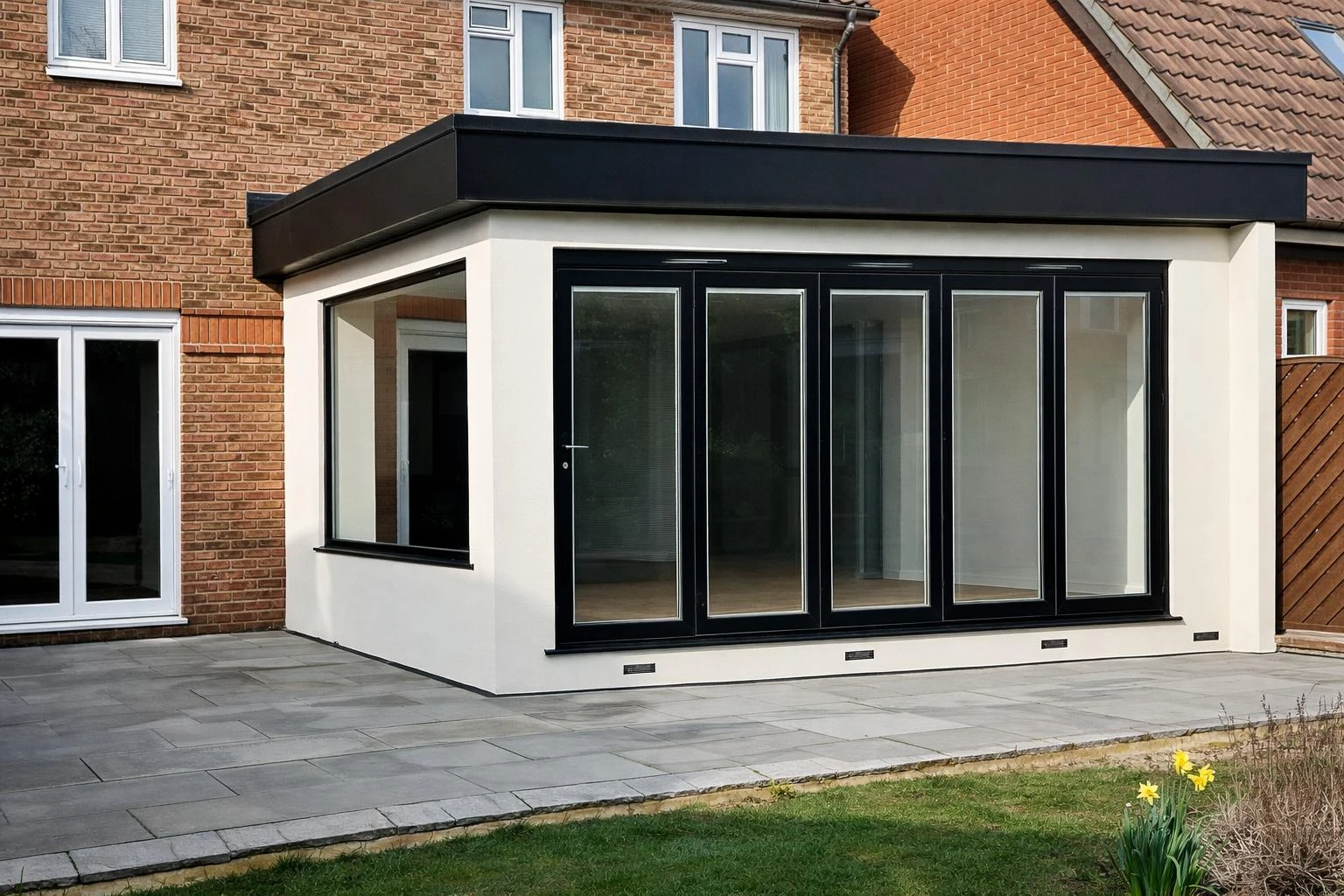 Modern glass extension attached to a brick home, featuring large windows, a flat roof, and a paved patio area.