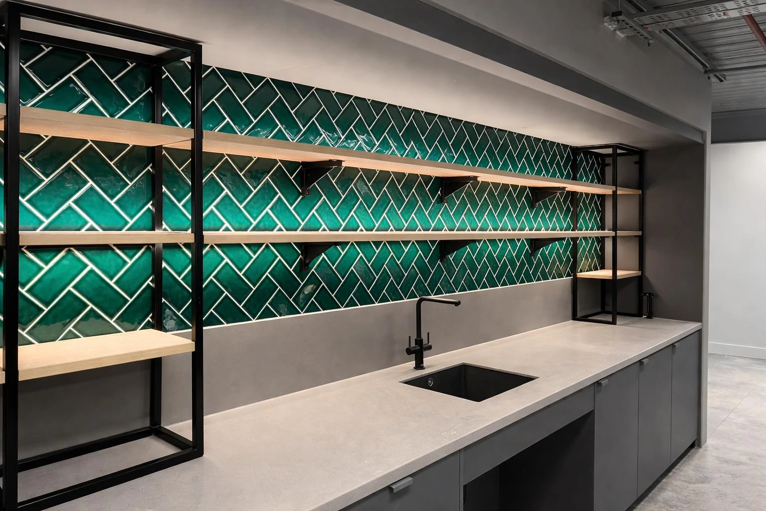 Modern kitchen featuring a teal herringbone backsplash, wooden shelves, black sink, and sleek countertops.